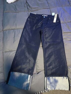 Hudson Dark Wash Coated Wide-Leg Jeans with Cuffed Hem